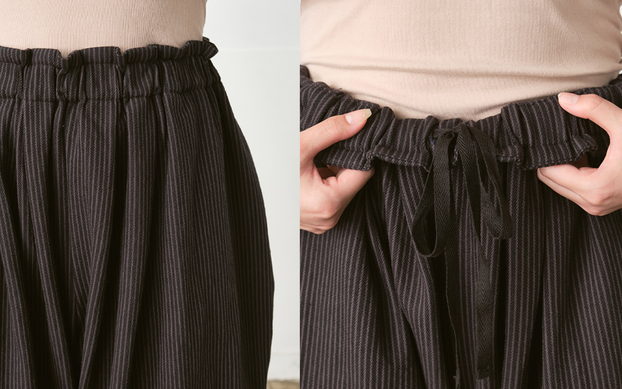 D3229 ワイドタックパンツヒッコリーデニムのモデル着用画像