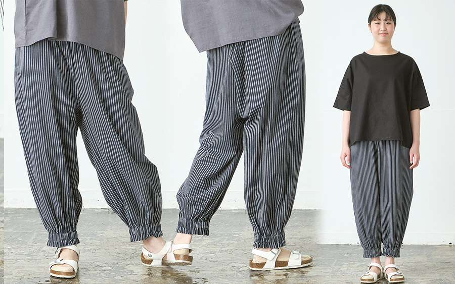 D3240裾ゴムバルーンパンツ　綿ペンシルストライプの商品画像