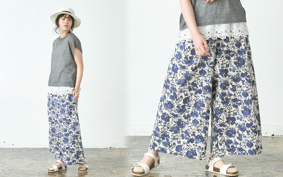 D3243　フレアパンツ　綿麻水彩調花柄　公式限定カラーあり　の商品画像