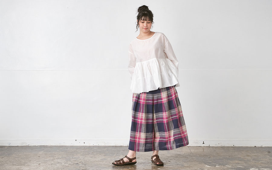 D3250 ガウチョパンツ　コットンリネンチェックの商品画像