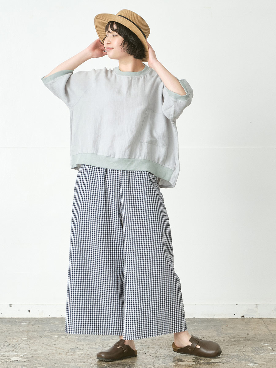 d3252フレアパンツ　コットン混リップルギンガムチェックの商品画像