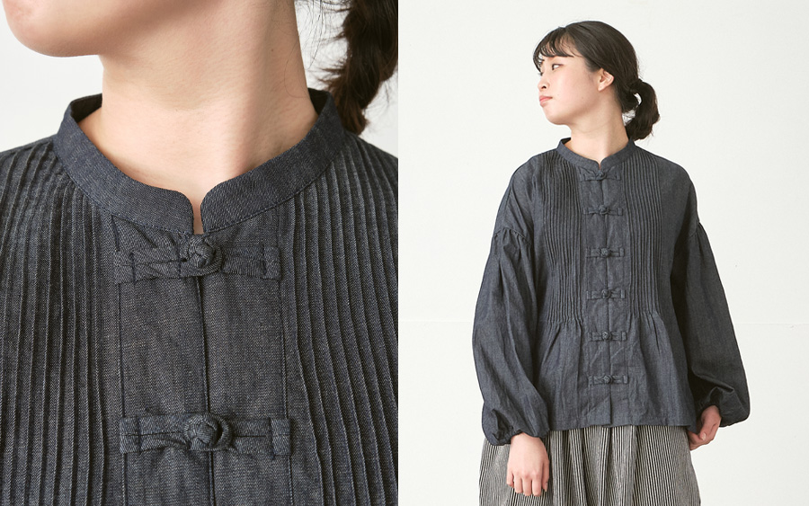 D9736チャイナボタンブラウス綿麻デニムの164cmモデル着用画像