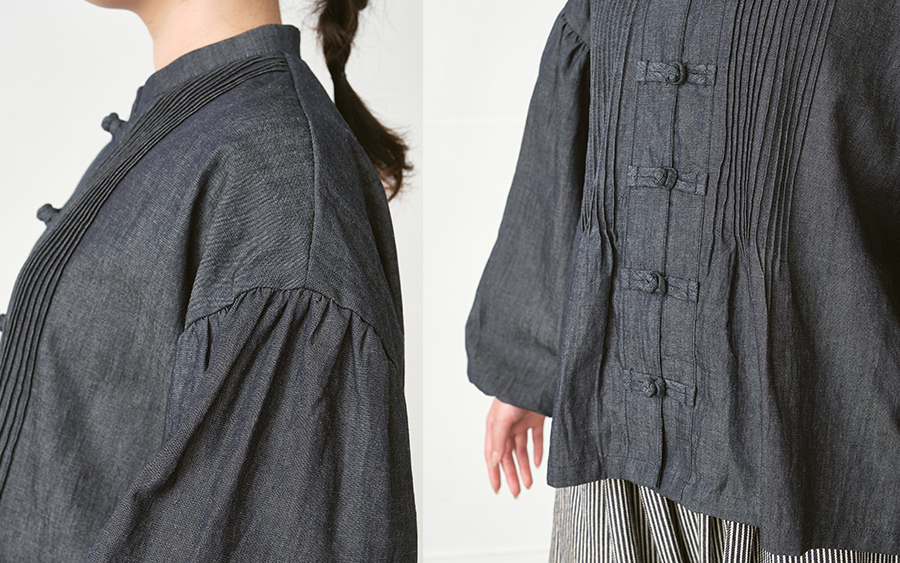 D9736チャイナボタンブラウス綿麻デニムの164cmモデル着用画像