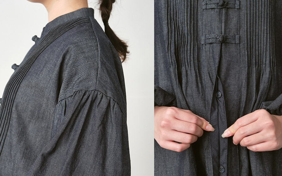 D9737チャイナボタン比翼ワンピースの164cmモデル着用画像