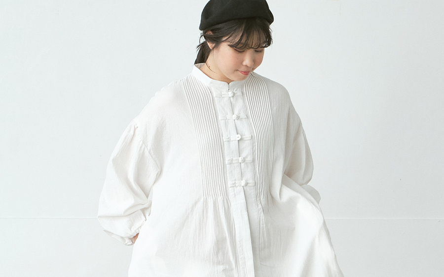 D9749チャイナボタン比翼ワンピース　綿オックスワッシャーの商品画像