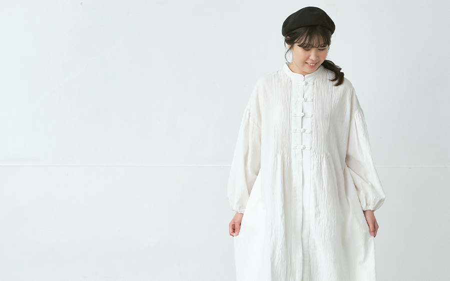 D9749チャイナボタン比翼ワンピース　綿オックスワッシャーの商品画像