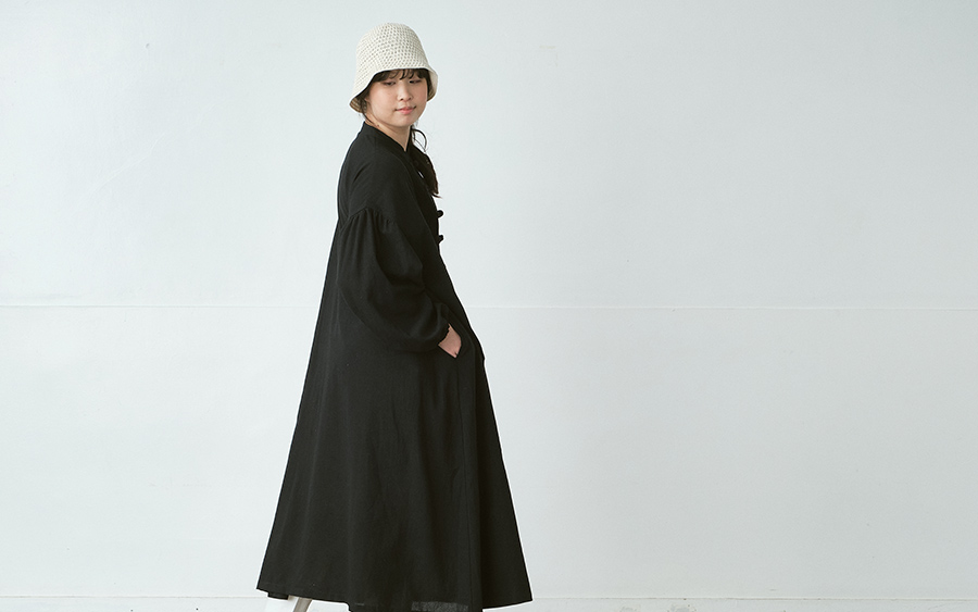 D9749チャイナボタン比翼ワンピース　綿オックスワッシャーの商品画像