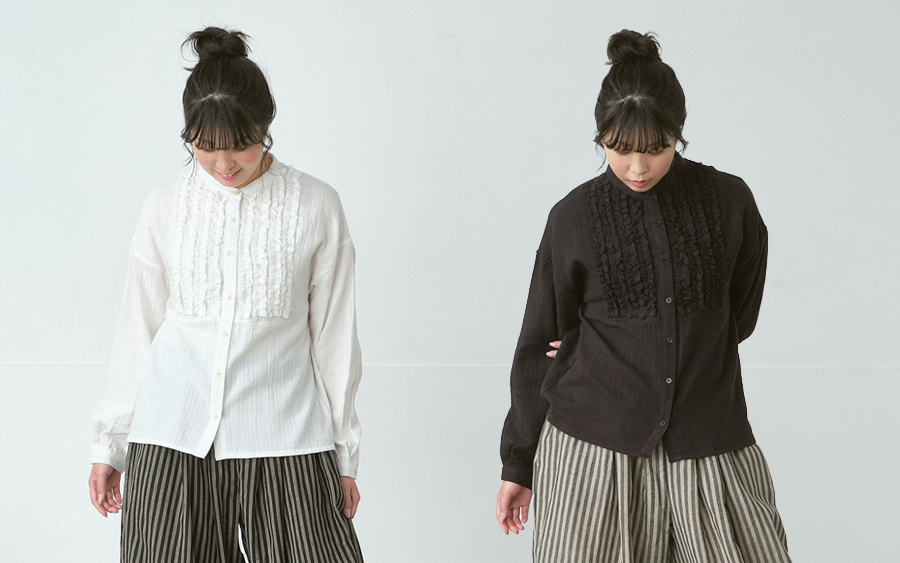 D9751フリンジフリルバンドカラーブラウス　綿ダブルガーゼストライプの画像