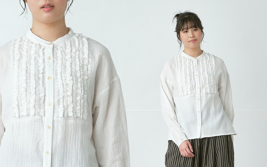 D9751フリンジフリルバンドカラーブラウス　綿ダブルガーゼストライプの画像