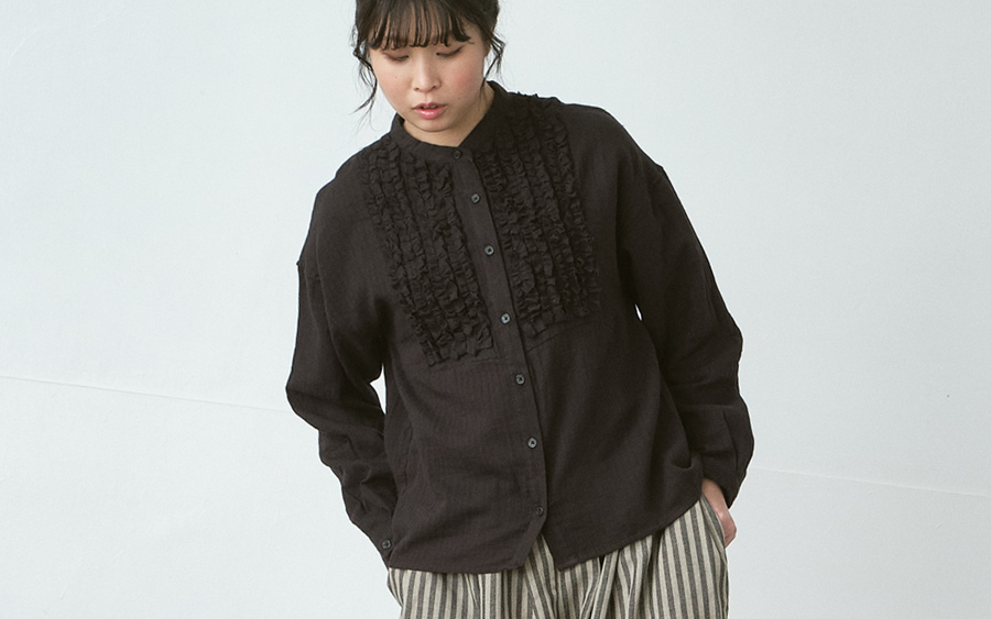 D9751フリンジフリルバンドカラーブラウス　綿ダブルガーゼストライプの画像