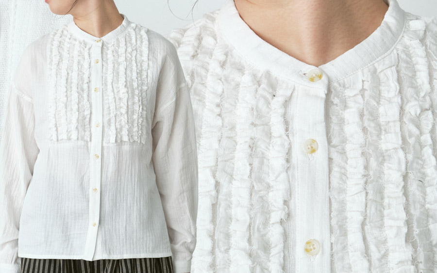 D9751フリンジフリルバンドカラーブラウス　綿ダブルガーゼストライプの画像