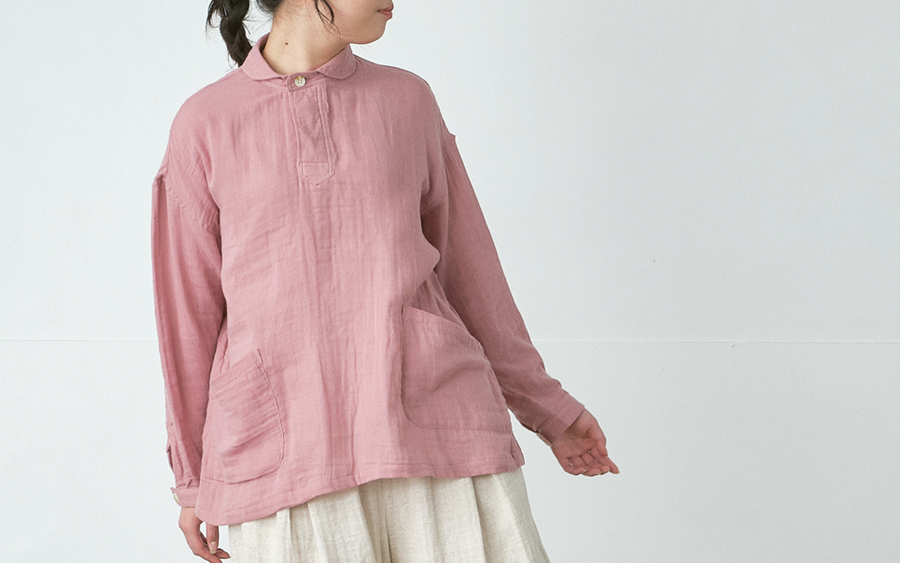 D9752丸襟プルオーバーシャツ　綿ダブルガーゼの商品画像