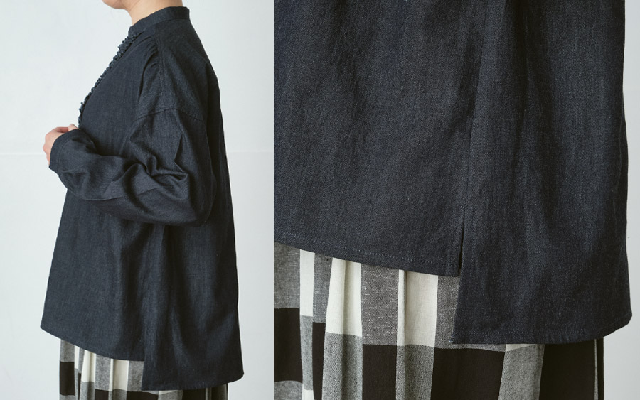 D9754前フリルスタンドカラーブラウス　4.5オンスデニムの商品画像