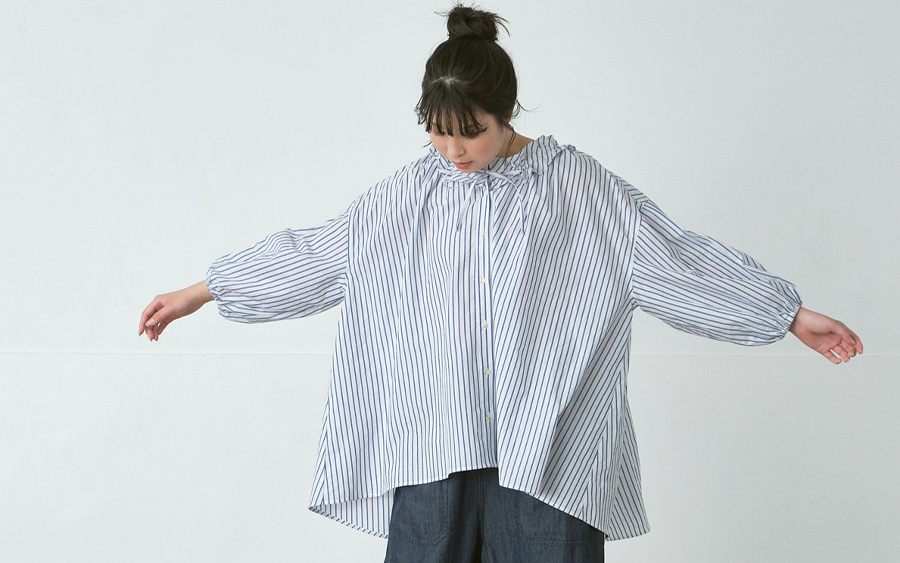 D9757フリル襟ブラウス　リネン混ストライプの商品画像
