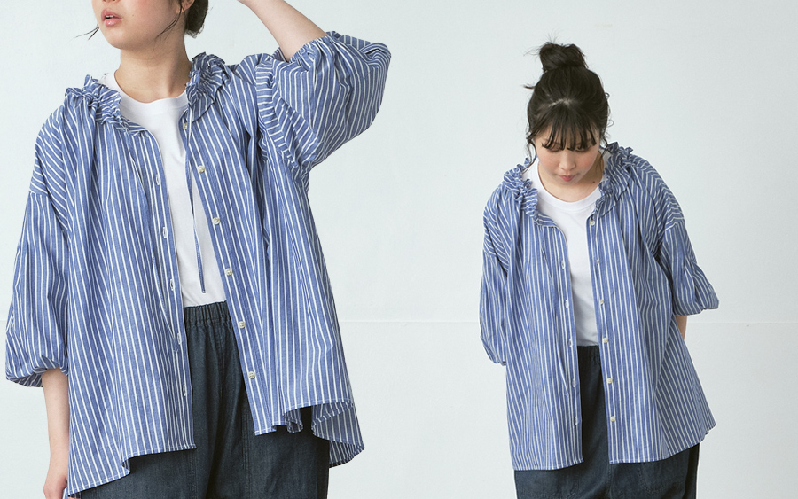 D9757フリル襟ブラウス　リネン混ストライプの商品画像