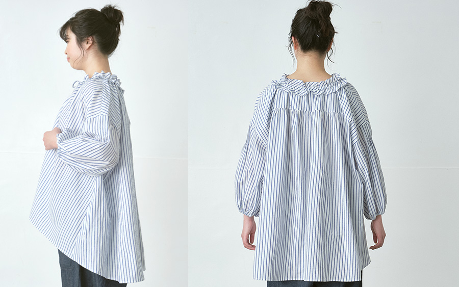 D9757フリル襟ブラウス　リネン混ストライプの商品画像