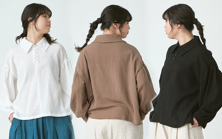 D9758ビッグカラー多ボタンブラウス　綿ガーゼワッシャーの商品画像