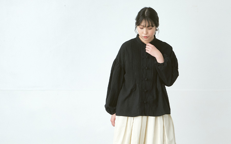 D9762チャイナボタンブラウス　綿オックスワッシャーの商品画像