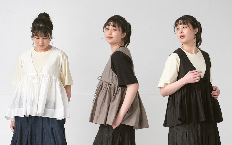 D9777前リボンキャミベスト　コットン混キャッチワッシャーの商品画像