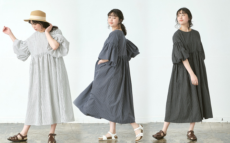 D9781ボリューム袖フレアワンピース　綿ペンシルストライプの商品画像