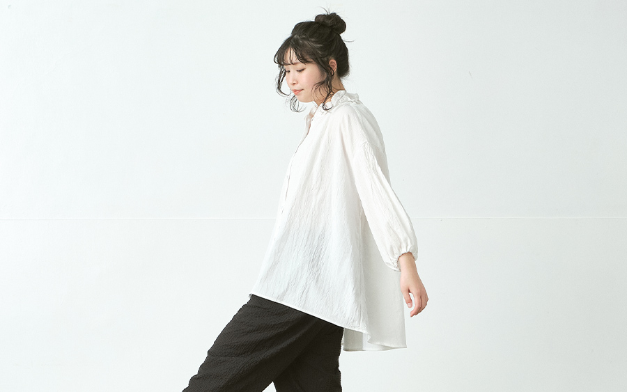 D9783フリル襟ブラウス　綿ワッシャーの商品画像