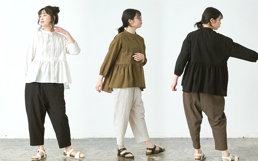 D9784フロントタック切り替えブラウス　綿ワッシャーの商品画像