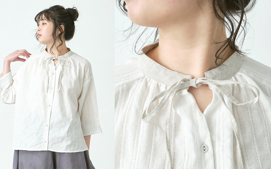 D9791配色襟リボンブラウス　綿ドビーの商品画像