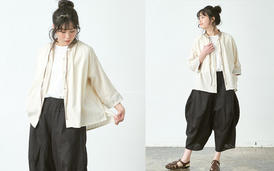 D9791配色襟リボンブラウス　綿ドビーの商品画像