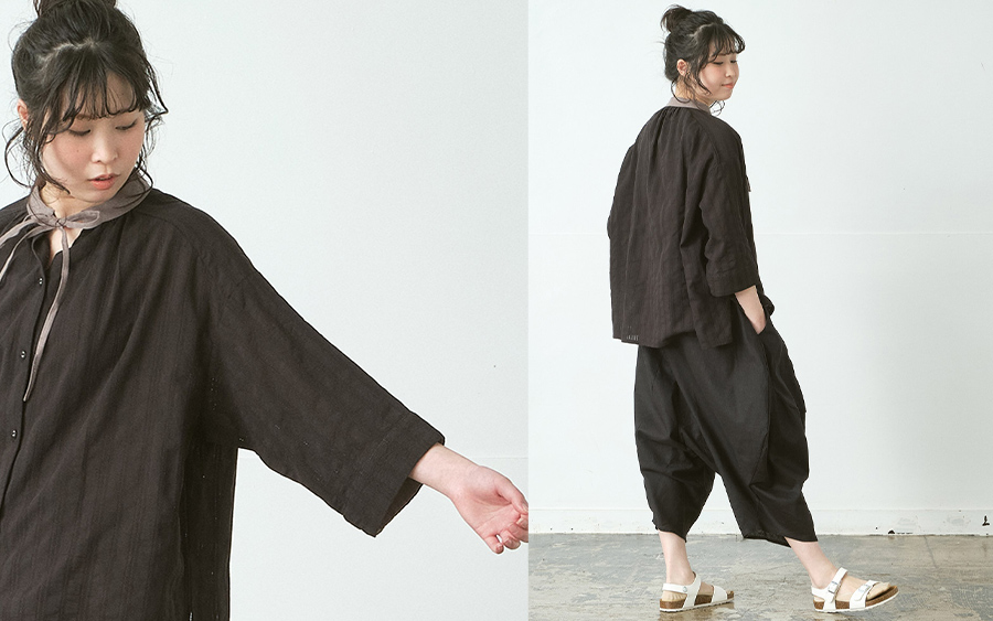 D9791配色襟リボンブラウス　綿ドビーの商品画像