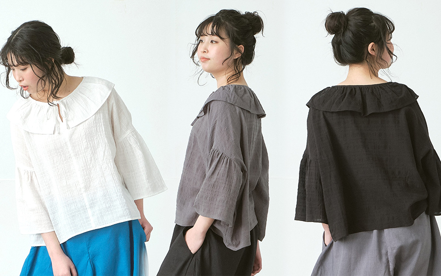 D9796ビッグカラーフレアブラウス　綿ボイルシャドーチェックの商品画像