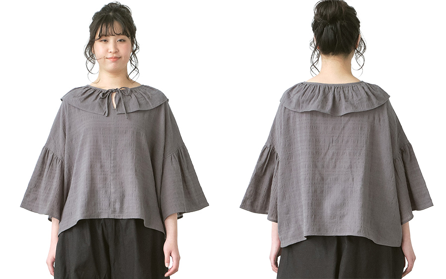 D9796ビッグカラーフレアブラウス　綿ボイルシャドーチェックの商品画像