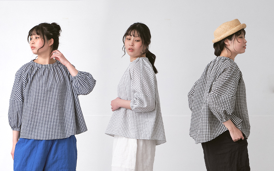 D9814スモックブラウス　コットン混リップルギンガムチェックの商品画像