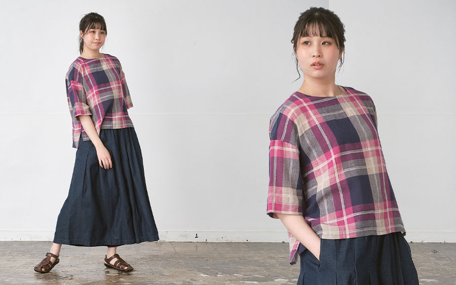 D9816プルオーバーブラウス　コットンリネンチェックの商品画像