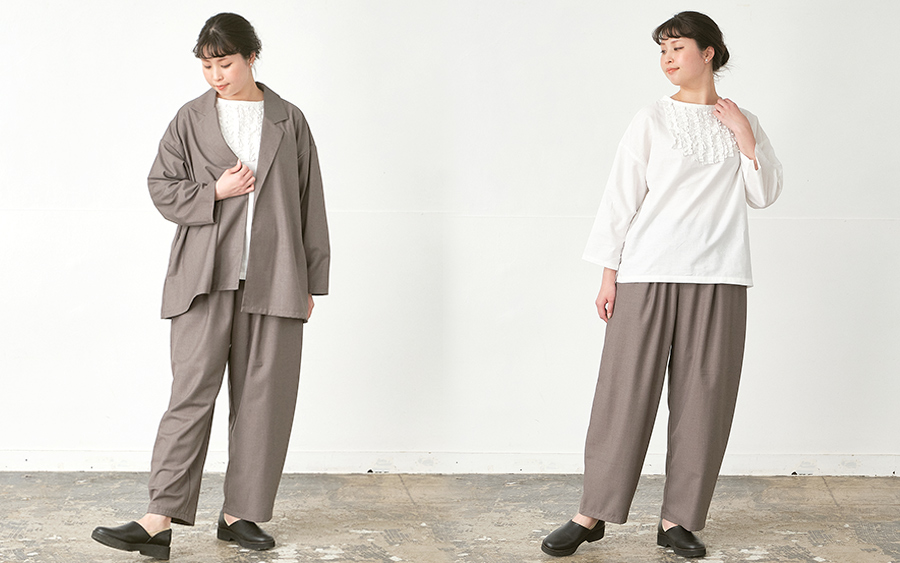 D3230カーブパンツ　T/Rサージの164cmモデルチャコール着用画像