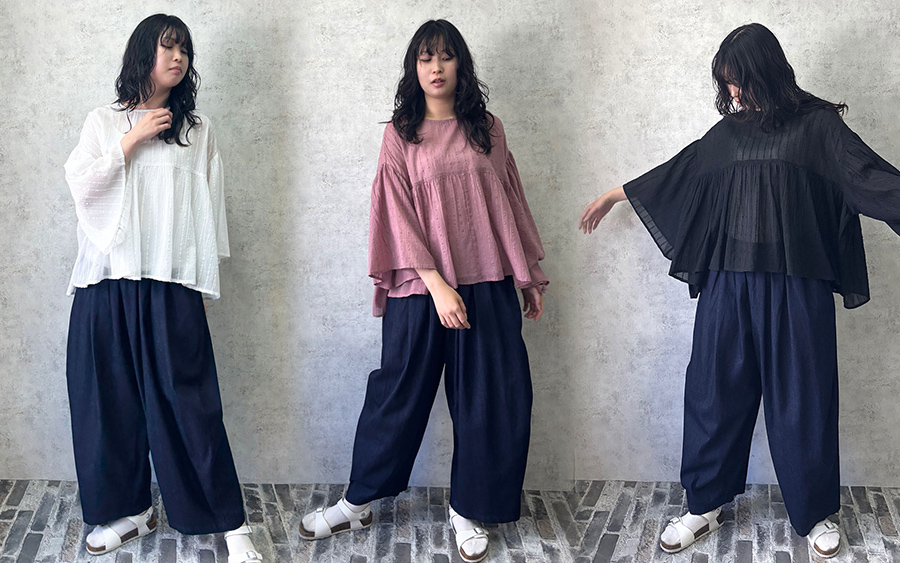 B1058 切り替えフレアブラウス　綿ジャガードストライプの商品画像