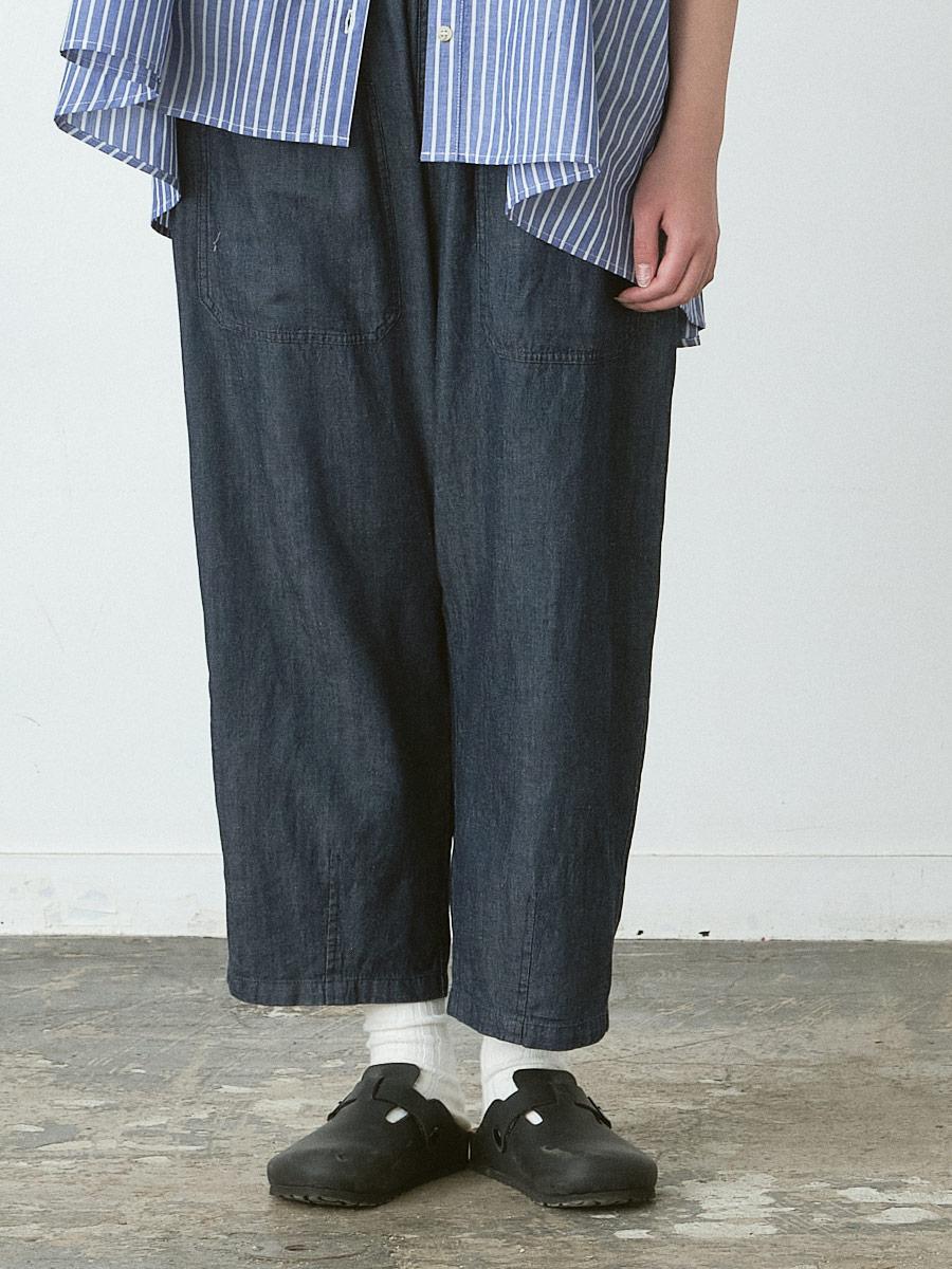 ビッグポケットワイドパンツ　綿麻デニム