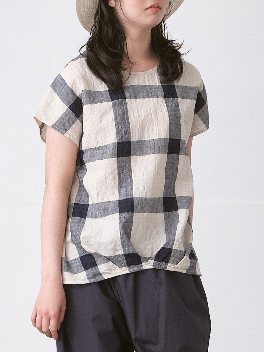 フレンチスリーブブラウス　綿麻リップルチェック