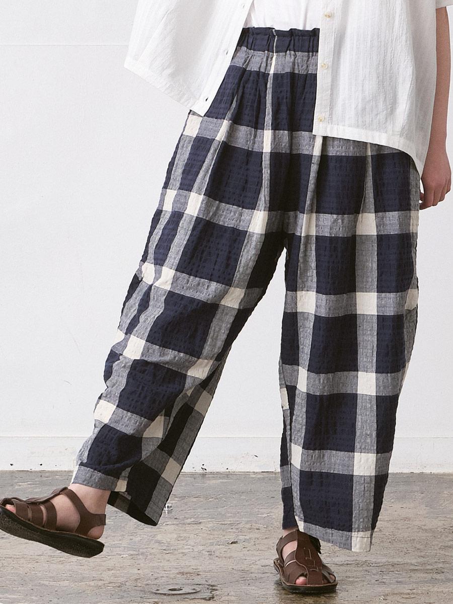 ワイドタックパンツ　綿麻リップルチェック