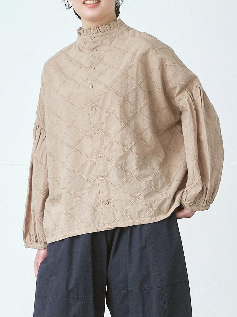 2WAY矢羽柄刺繍ブラウス　綿ローン