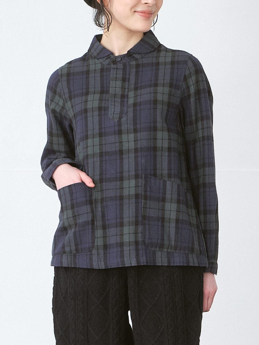 【予約】丸襟プルオーバーシャツ　綿ツイルチェック起毛