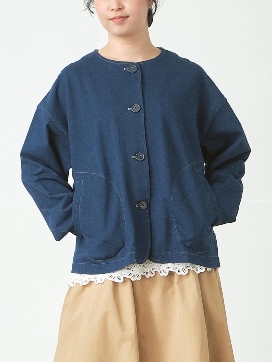 ノーカラージャケット　綿裏毛デニム