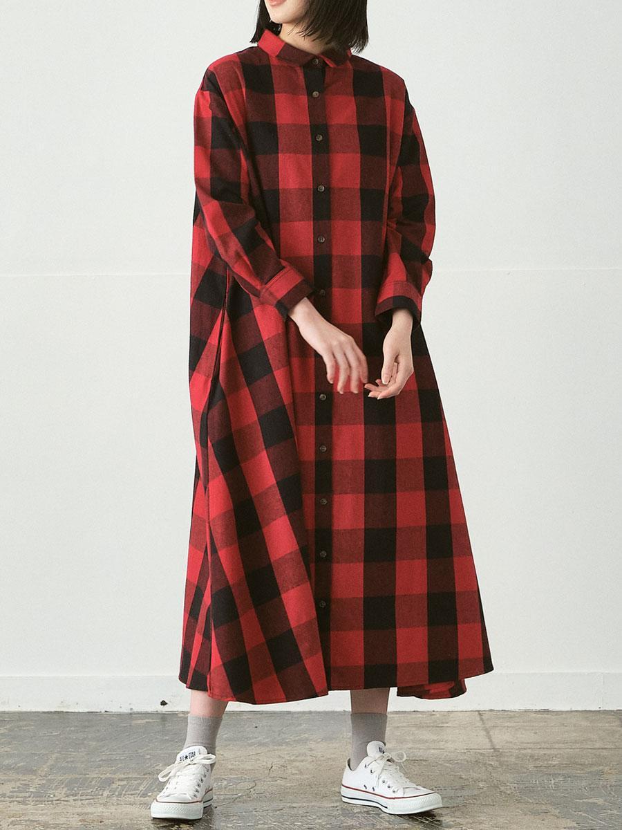 シャツワンピース　綿ビエラブロックチェック