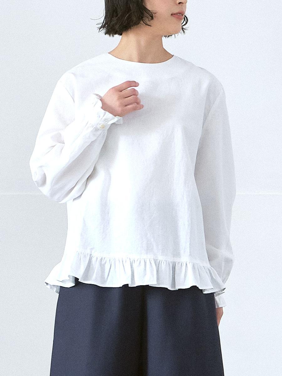 ノーカラーフリルブラウス　綿麻オックス
