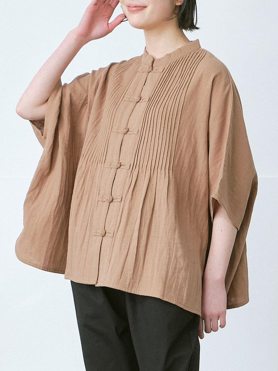 チャイナボタンドルマンブラウス　綿Wガーゼ