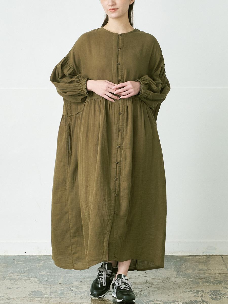 前開きフレアワンピース　綿Wガーゼ