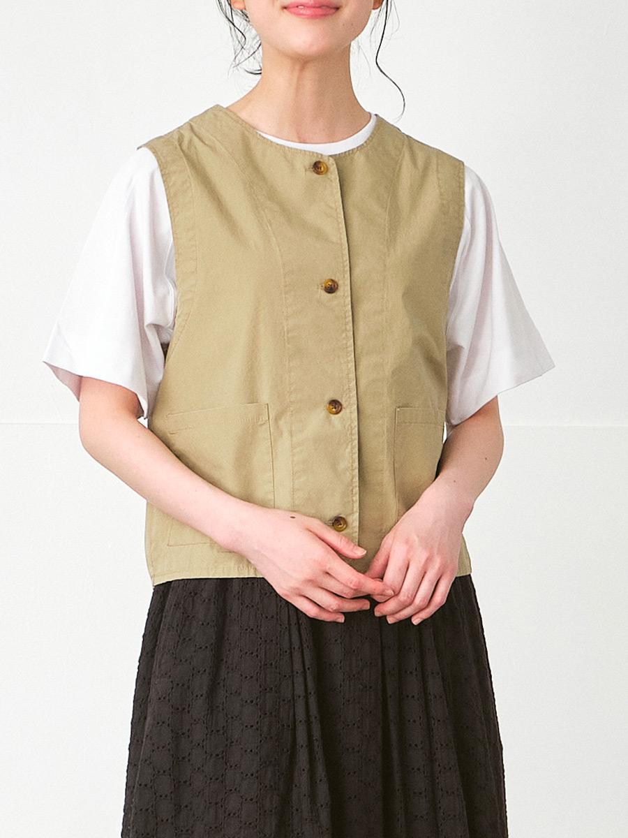 ノーカラーベスト　綿ダンプバイオウォッシュ加工