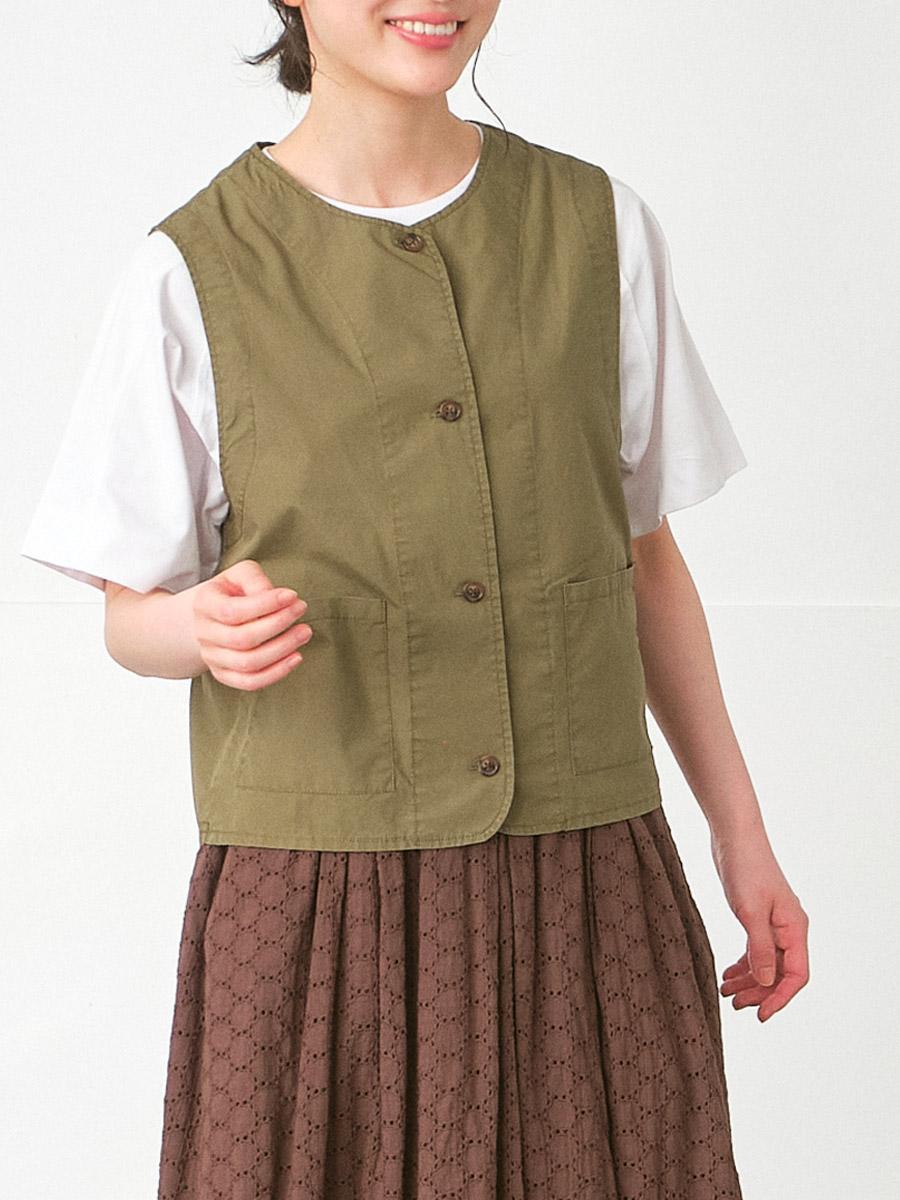 ノーカラーベスト　綿ダンプバイオウォッシュ加工
