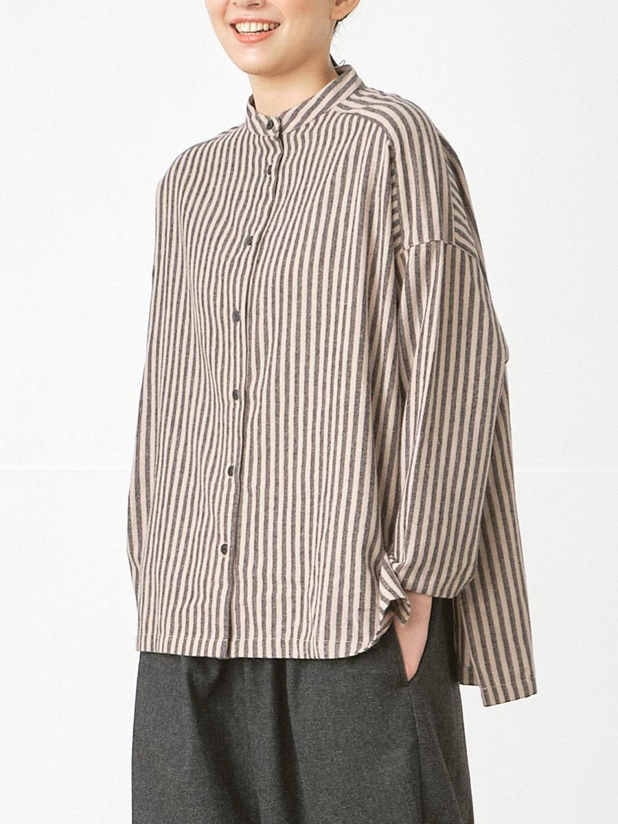バンドカラー前後差ブラウス　綿ビエラストライプ