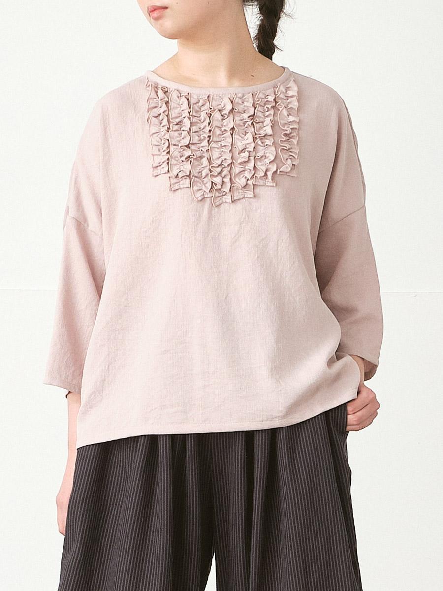 フロントフリルプルオーバーブラウス　Ｔ/Ｒスラブ