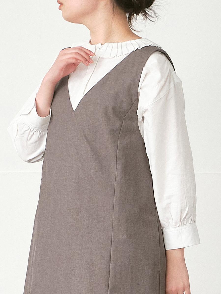 プリーツ襟比翼ブラウス　綿麻オックス